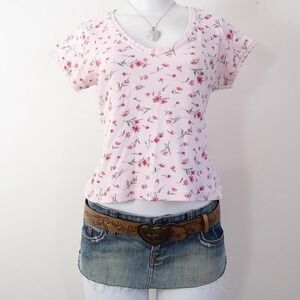 y2k pink floral pointelle baby tee coquette soft girl top size S